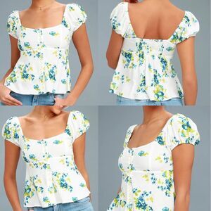 Free People Close to You Cropped Ivory Blue Green Floral Print Top SZ XS Boho